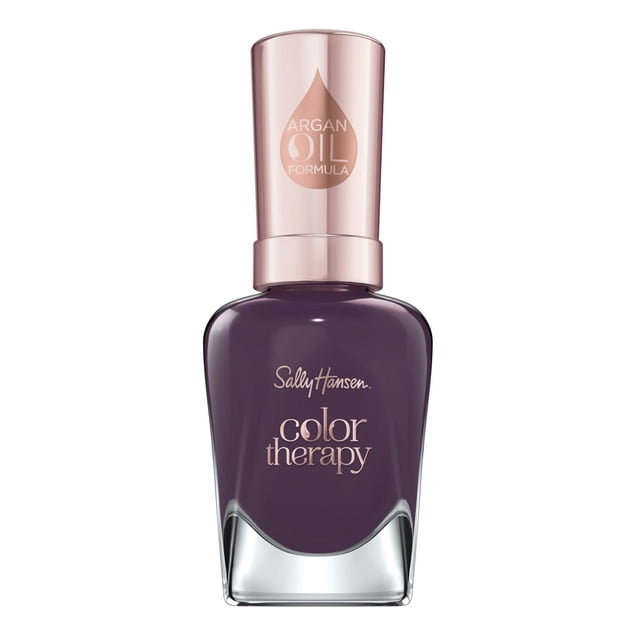 Sally Hansen Color Therapy Bouteille de Coloration pour Ongles en Violet Foncé avec Capuchon Or rose Étiqueté « Formule à l'Huile d'Argan », Offrant un Vernis à Ongles avec une Nutrition intensive, Résistant à la Décoloration, Résistant aux Éclats et une Finition Brillante pour des Ongles en Santé.