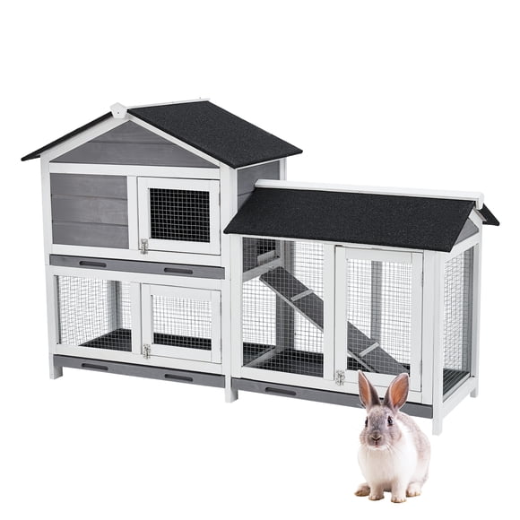 63'' Wood Rabbit Hutch Backyard Bunny Cage with 3 Leak-Proof Trays, Wooden Waterproof Roof Rabbit Hutch Indoor/Outdoor, 2-Tier Bunny House/Chicken Coop, Gray and White