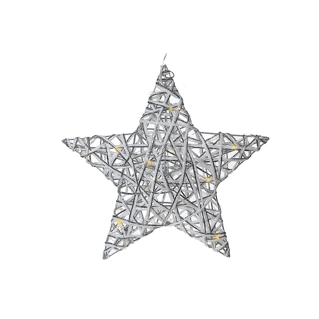 Led White and Silver Paper Star Large 15.35" featuring a large five-point star made of woven silver and white paper strips forming a lattice structure with integrated warm white LED lights emitting a soft glow, ideal for tabletop holiday décor and suitable as ambient lighting.
