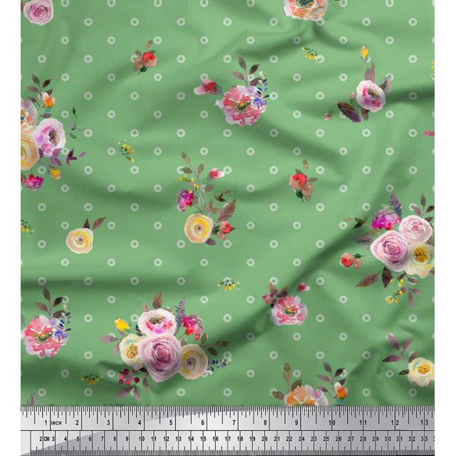Soimoi Green Poly Georgette Fabric Leaves,Small Circle & Floral Decor Fabric Printed BTY 52 Inch Wide