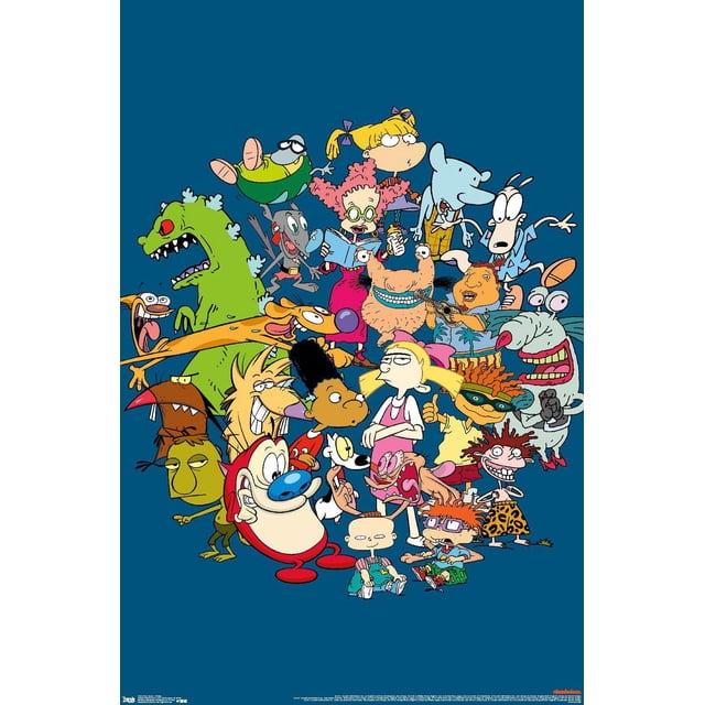 A centered, front-facing illustration featuring a vibrant collage of iconic 1990s Nickelodeon cartoon characters including Ren and Stimpy, Rocko, Doug, and CatDog on a solid blue background, suitable for nostalgic wall art or fan decor.
