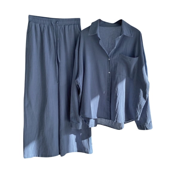 hotojiny Women's Cotton Linen Pants Sets 2 Piece Outfit Long Sleeve Button down Shirt and Wide Leg Trousers for Vacation Beach