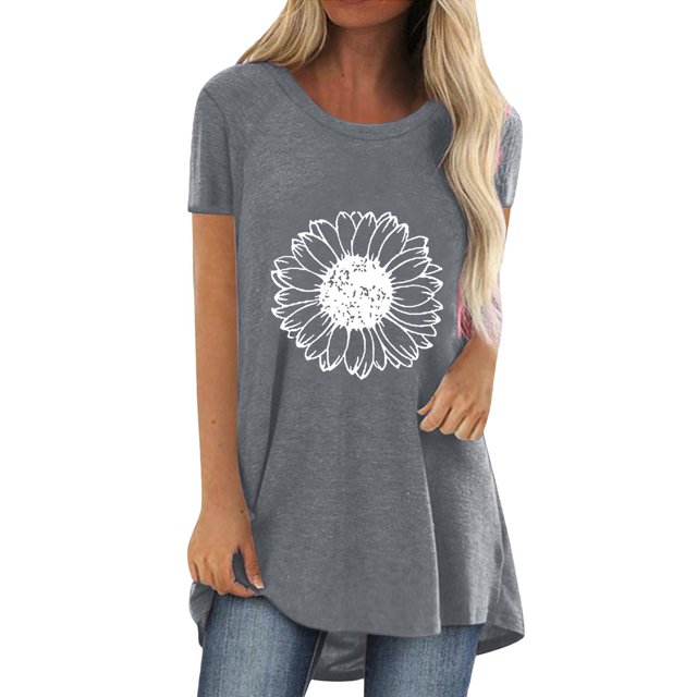 Pxiakgy Vente Chaude!! T-Shirt Graphique Tournesol Mignon à Manches Courtes Imprimé Vintage Mode Décontractée Col Rond Manches Courtes devant Long Dos T-Shirt Gris S