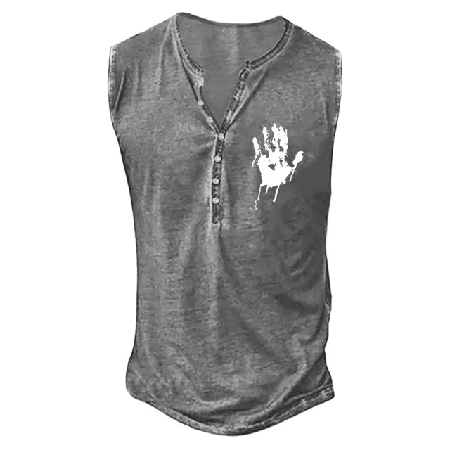 2025 Men's Tank Tops Mens Summer Retro Mens Tall T Shirts Old Basic Button Placket Mens Cropped Tops Small Print Sleeveless Shirt Long Workout Tops for Men T