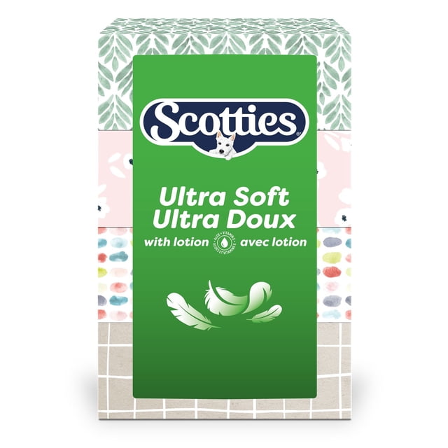 Scotties Ultra Soft with Lotion, 3-ply facial tissue box infused with aloe and vitamin E, showing a green front panel with white text and feather graphics, surrounded by a patchwork of leaf, floral, watercolor dot, and grid patterns, suitable for gentle skin care and household use.