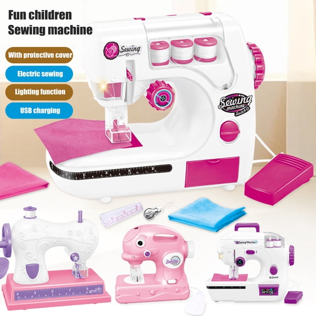 Jouet de Machine à Coudre pour Enfants avec Boîte Pré-Filée Présentant un design Réaliste, des Effets d'Éclairage Vifs et des Sons de Couture Simulés. la Machine à Coudre Jouet Blanche et Rose Comprend des Accessoires comme un Tissu Rouge et Bleu, une Règle, du Fil Aiguille et un Câble de Chargement. Fabriquée en Plastique ABS Sans BPA, Elle Est Sûre et durable pour les Enfants. le Jouet Est Exposé sur une surface Plate avec des Modèles et Accessoires de Machine à Coudre Supplémentaires en Arrière-Plan.