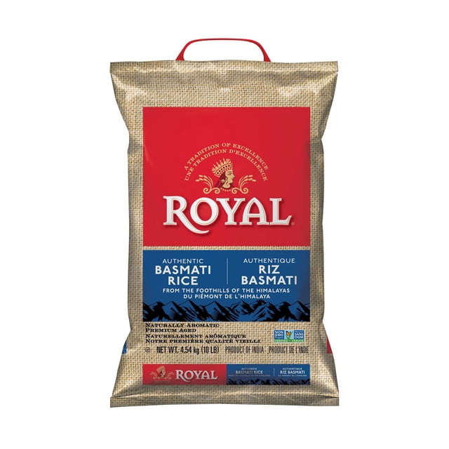 Sac de Riz Basmati Blanc Royal 10 lb avec Emballage Texturé beige, Présentant un Panneau Rouge avec le logo Royal et une section Bleue Indiquant un Riz Basmati Authentique des Contreforts Himalayens, Naturellement Aromatique et Vieilli pour la Saveur, Poids net 4,54 kg (10 lb).