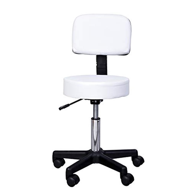 HOMCOM Tabouret de Massage Réglable Spa Chaise de Salon de Beauté Pivotante pour le Visage à Levage au Gaz Manucure en Blanc. Comprend un Siège Rond Rembourré et un Dossier Ferme Rembourré en Cuir PU Souple pour Confort et Entretien Facile. le Tabouret Comprend une base Chromée avec Cinq Roulettes Antidérapantes et Lisses pour une Flexibilité et un Mouvement Silencieux. Il Est à Hauteur Réglable avec un Mécanisme à Levage au Gaz, Convient aux salons de Coiffure, salons de Beauté, studios de Tatouage, et Plus. Dimensions : Siège de 13,8 Pouces de Diamètre, Hauteur Réglable de 28,3 à 33,1 Pouces, et une Capacité de Poids de 300 Lb