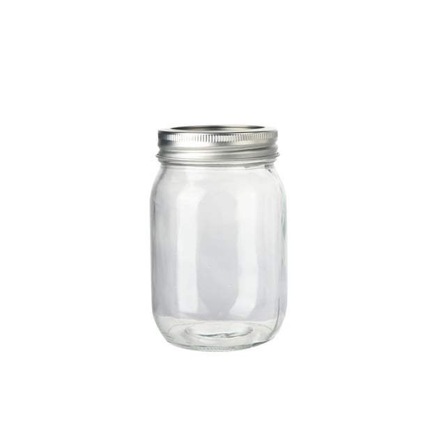 Mainstays Clear Glass Canning Jars, 500ml, 1 Pieces 16-ounce clear glass mason jar with straight-sided cylindrical body and silver metal screw-on lid that seals tightly, machine-made transparent glass that shows contents, hand-wash only; suitable for jams, jellies, overnight oats and as DIY party lights or gift jars.