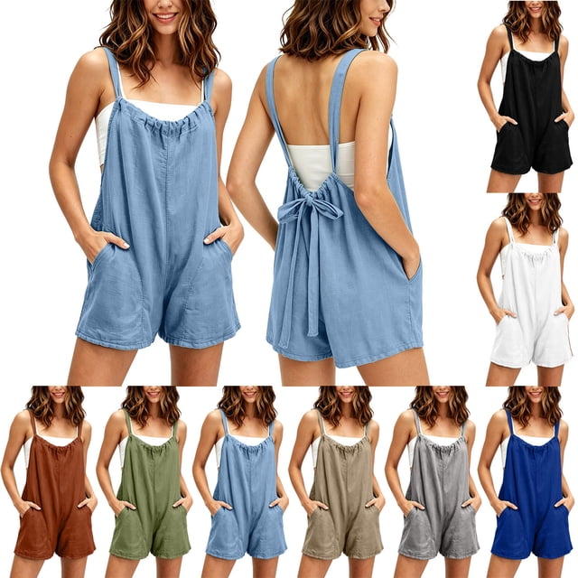 Sentmoon Shorts Jumpsuit for Women Sleeveless Linen Rompers Women Solid Color Backless Regular Fit Women's Jumpsuits, Rompers & Overalls Summer for Lounge and Relax S-3XL