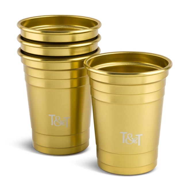 Thyme & Table Gobelets de Cocktail, Ensemble de 4 Pcs, Or avec Quatre Empilables, Gobelets en Aluminium Légers avec Fini Doré Métallique et logo T&T, Idéal pour la Vaisselle de Fête et le Rangement de Vaisselle de Bar à la Maison.