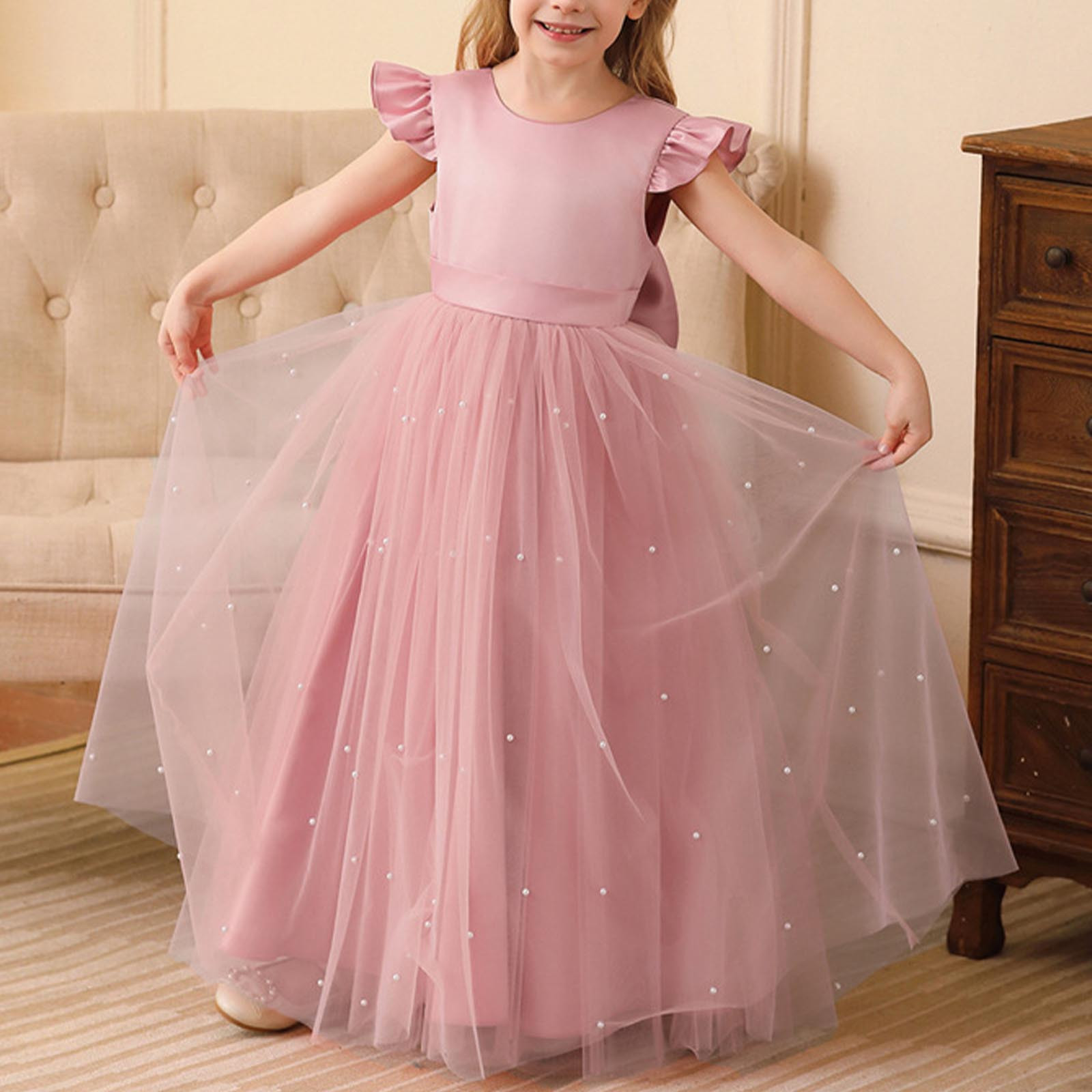 LOVZFMLL Girls' Summer Short Sleeve Ruffled Lace Round-Neck Embroidery Mesh Princess Bow Skirt