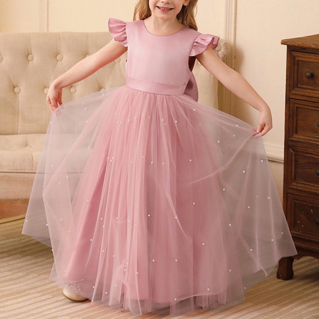 LOVZFMLL Girls' Summer Short Sleeve Ruffled Lace Round-Neck Embroidery Mesh Princess Bow Skirt