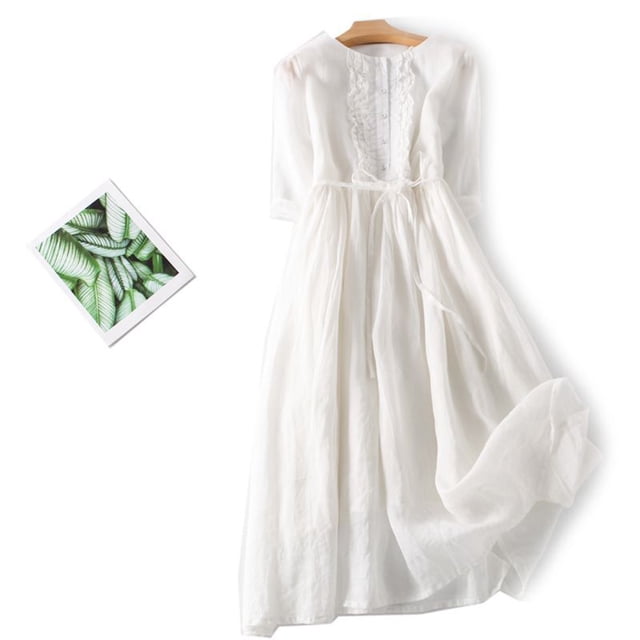 EGNMCR Robes de Fête pour Femmes Robe Rétro pour Femmes en Coton et Lin à Col Rond à Double Couche avec Laçage, Taille Resserrée, Robe de Voyage pour les Fêtes