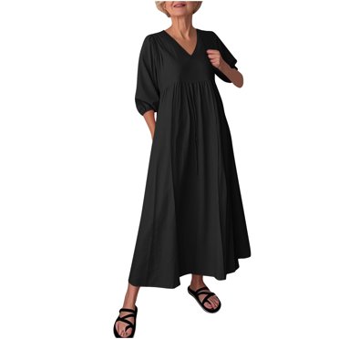 Économies d'Été Liquidation 2025 Bovxnpu Robe d'Été pour Femmes, Robes Maxi Décontractées Boho Plage, Robe Décontractée Col en V Manches Trois-Quarts Coton et Lin avec Poches G