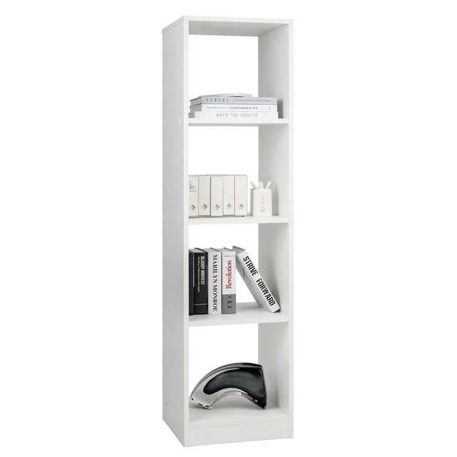 Gymax Bibliothèque d'Angle à 5 Niveaux, Organisateur de Rangement et d'Exposition avec 4 cubes en Fini Blanc. la Conception Étroite et Autoportante Présente Cinq Étagères Ouvertes Disposées en Pile Verticale, Idéale pour Ranger des Livres, des Ornements et d'Autres Articles. Fabriquée en Bois d'Ingénierie, Elle Comprend des Dispositifs Anti-Basculement pour la Stabilité et des Patins Antidérapants pour Protéger les Planchers. Dimensions Sont 15 Pieds' x 13 Pieds' x 56 Pieds' (L x L x H).