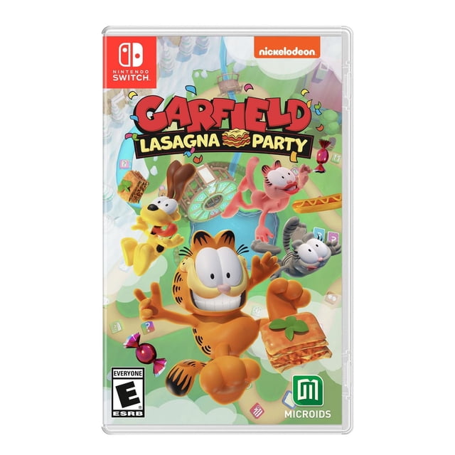 Garfield Fête de Lasagne (Nintendo Switch) Couverture de Jeu Mettant en Vedette des Personnages Animés Garfield, Odie, Arlene et Nermal Sautant sur un Fond de Jeu de Société Coloré avec des Pièces de Lasagne et de Bonbons, Mettant en Vedette Ce Jeu de Fête Multijoueur avec 32 Mini-Jeux, Marqué des logos Nintendo Switch et Nickelodeon.