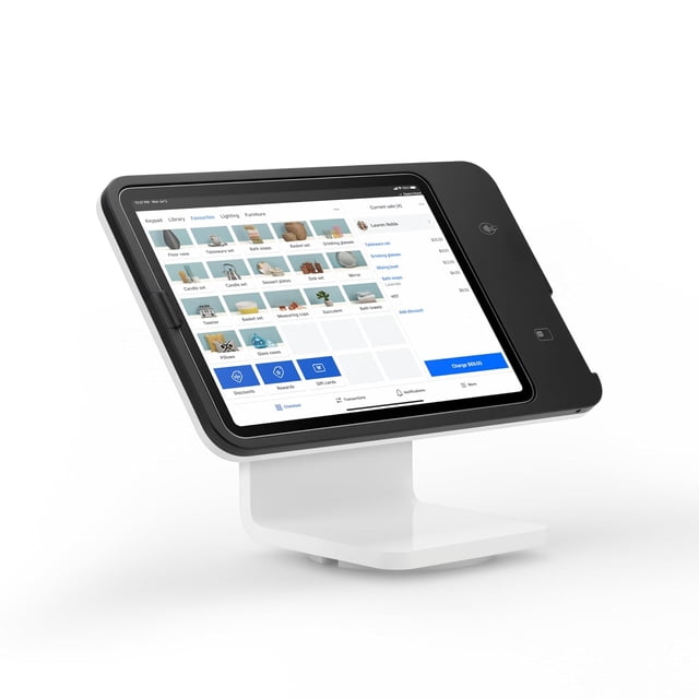 Square POS Stand for iPad (2nd generation, USB-C) showing a front-left angled view of a white base and black frame holding an iPad with a point of sale app on screen, designed for cable-free payment processing and efficient business management.