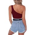 thumbnail image 3 of Débardeurs Courts Sans Manches pour Femmes Aguichant une Épaule T-Shirts Basiques (Rouge Vin, TTG), 3 of 5