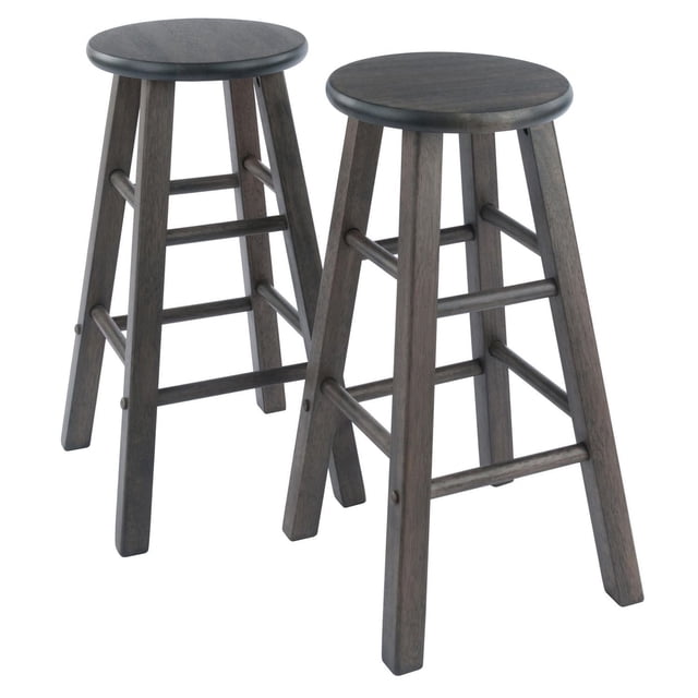 Winsome Element 24" gray finish counter stools set with two solid wood stools featuring round seats and square legs reinforced by two sets of crossbars for strength and footrests, designed for kitchen and dining seating with a contemporary oyster gray finish.
