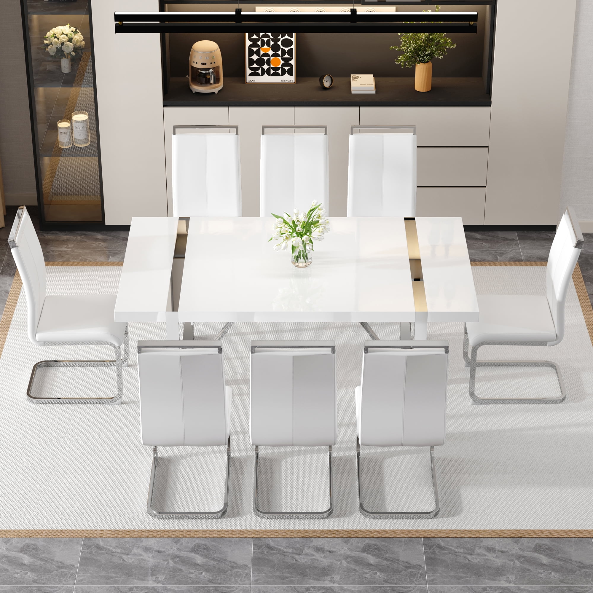 Noble House Industrial Rectangular Dining Table,2.3" Thick Wood Grain White MDF Top with Silver Metal Legs,White/Silver