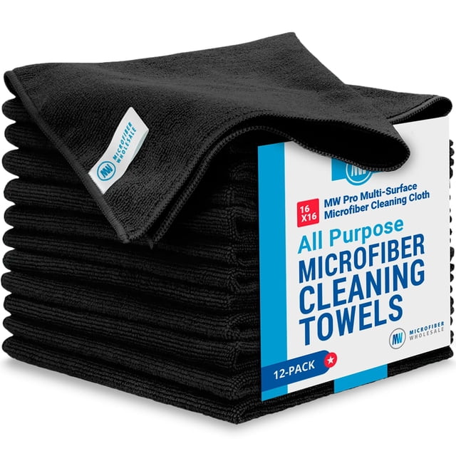 MW Pro Multi-Surface Microfiber Towel – 12 Pack | Premium Cleaning Cloth | Clean, Dust, Polish, Absorb | Large 16"x16" (Black)