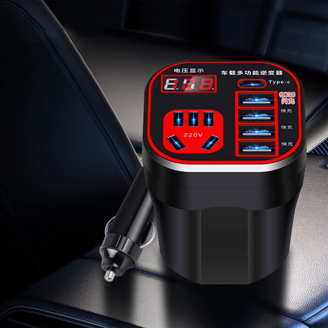 Chmadoxn Intelligent Digital Display Car Mounted Cup Type Inverter Converter 12v24v Power Supply To Power Car 220v Multifunctional Socket Car Inverter Smart socket