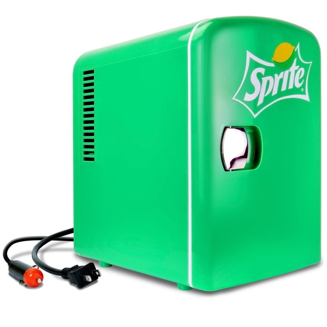 Coca-Cola Sprite Mini Fridge 6 Can AC/DC Cooler/Warmer in bright green with Sprite lemon-lime logo and chrome handle, compact 4 L capacity holding six 12 oz cans, featuring thermoelectric cooling and warming technology with AC/DC adapters for home and car use.