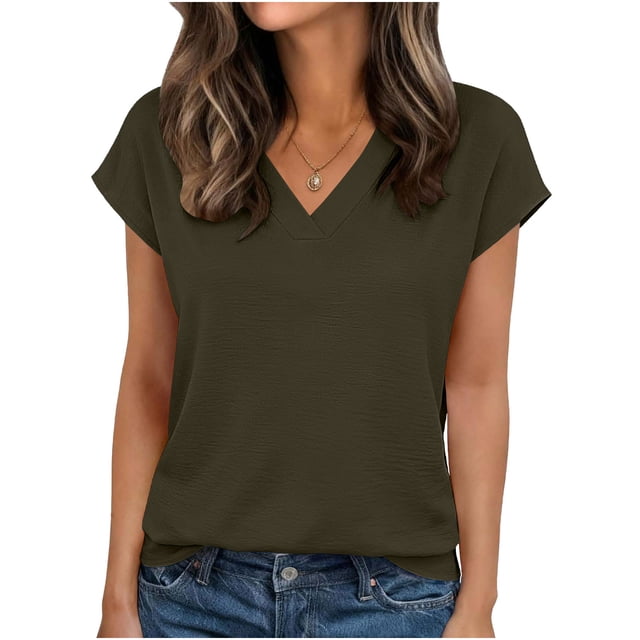 Women's Spring Summer Cap Sleeve Textured V Neck Blouse Dressy Casual Business Work Tops for Daily Party Vacation,Army Green,L