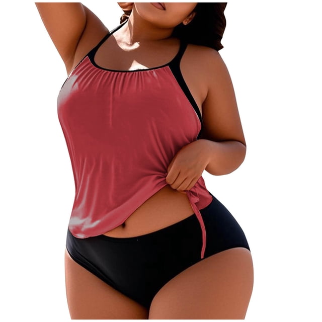 FAVIPT Plus Size 2 Piece Bathing Suit for Women Tummy Control Ruched Swimsuits Tropical Beach Drawstring Tankini Watermelon Red,XXXXXL