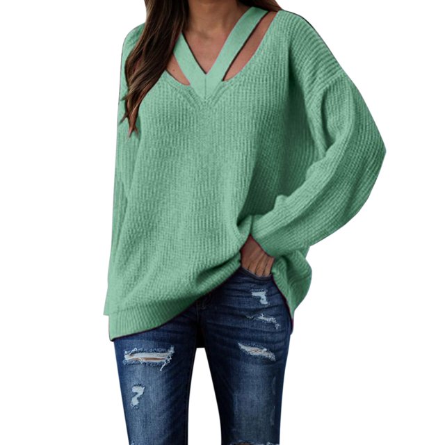 Womens V Neck Oversized Fall Sweater Sexy Long Sleeve Knit Pullover Top