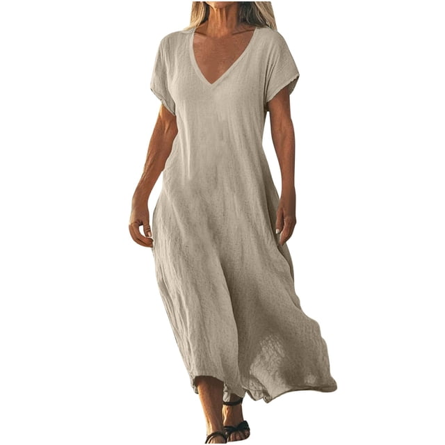 Admvng Robes d'Été pour Femmes 2025 Grande Taille Couleur Unie Col en V Coton Lin Manches Courtes Robe Longue 3TG-5TG