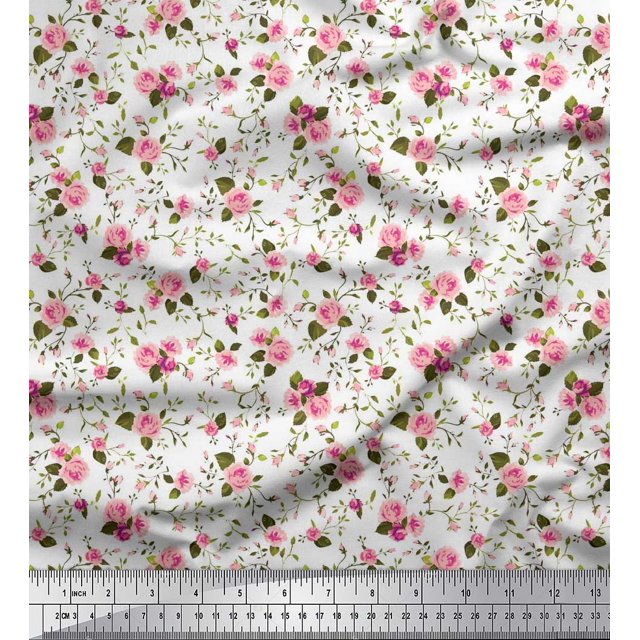 Soimoi Tissu en Poly Georgette Imprimé Feuilles et Roses au Mètre 52 Pouces de Large