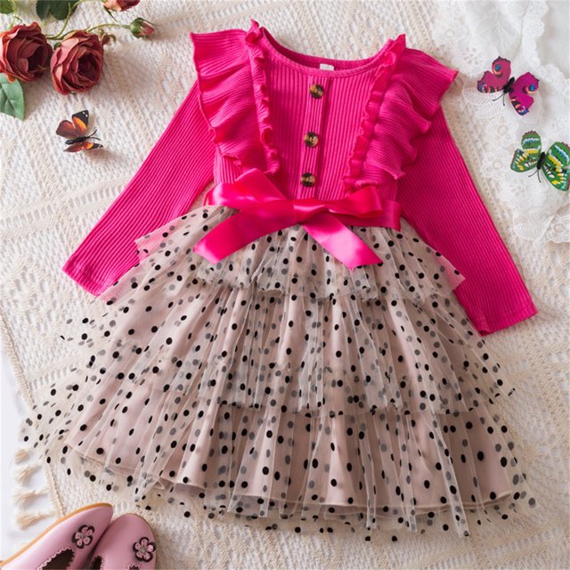 RXIRUCGD Girls' Fall And Spring New Long Sleeve Ruffled Lace Round-Neck Embroidery Mesh Princess Bow Skirt, Hot Pink, Size: 100