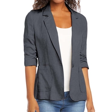 EGNMCR Womens Blazer Jackets, Long Sleeve Lapel Open Front Pockets, Casual Work Office Blazers Fashion Women Turn Down Collar 3/4 Sleeve Casual Coat Cardigan Blouse Women's cotton and linen jacket