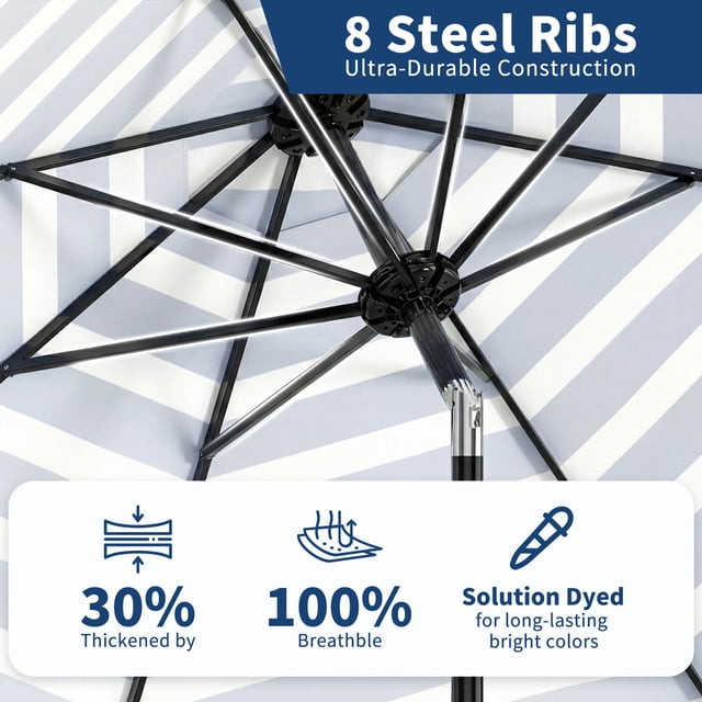 Parasol de Patio de 10 Pi pour l'Extérieur – 8 Nervures Robustes, Protection UV, Manivelle et Inclinaison à Bouton-Poussoir, Parasol de Marché Imperméable pour Jardin, Terrasse, Piscine Ou Cour – Rayures Bleues et Blanches