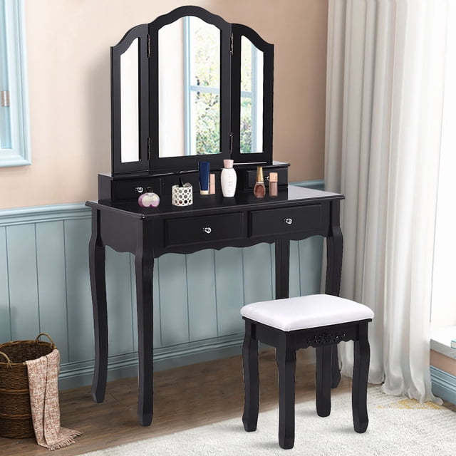 Costway Coiffeuse Table de Maquillage avec Miroir Tri-Pli avec Tabouret Noir