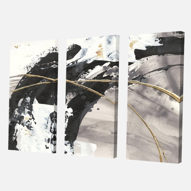 Designart Arcs Peints Charmant I Art Mural sur Toile Est un Triptyque Abstrait Moderne avec des Coups de Pinceau Noirs, Blancs et Gris Accentués d'Arcs Dorés sur Toile en Coton de Qualité Supérieure. Cette Impression sur Toile Enveloppée pour Galerie Arrive Prête à Accrocher et Convient à la Déco Murale Contemporaine.
