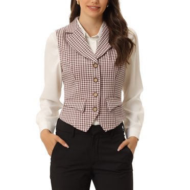 INSPIRE CHIC Gilet pour Femme à Revers Cranté, Col en V, Simple Boutonnage, Style Vintage à Carreaux, m Rose