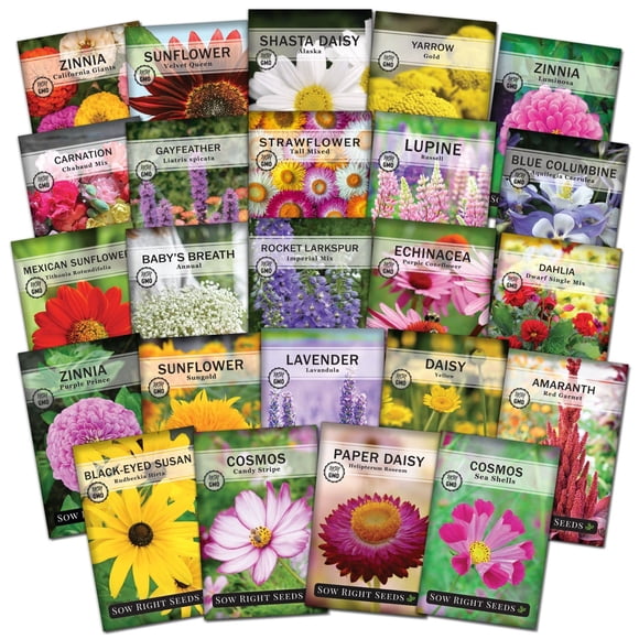 Sow Right Seeds - Large Flower Farm Seed collection for Planting - Zinnias Sunflowers Daisies gayfeather cosmos Snapdragons and Lupine - Attract Pollinators - Non-gMO Heirloom Seed - great gift