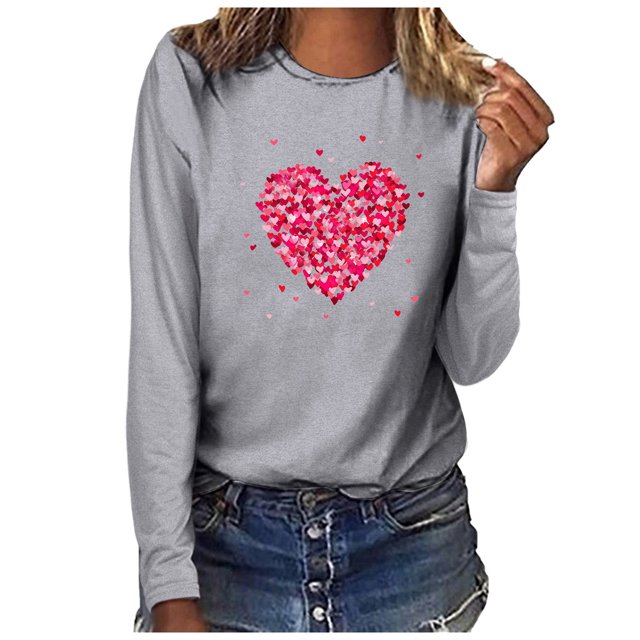 Qertyioot Chandail Cœur d'Amour Saint-Valentin Grande Taille, Haut à Manches Longues Imprimé à Col Rond pour Femmes