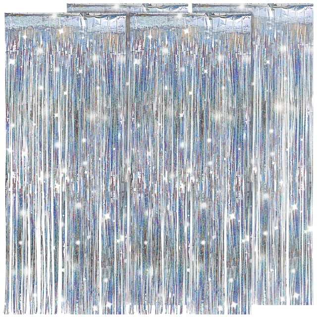 CIMAXIC Frange Argentée 4 Pcs Toiles de Fond Frangées Frange Argentée Rideaux de Fond de Fête Frange en Feuille Argentée Rideau à Frange Rubans Décorations de Fête,98.43"X39.37"X0.04 Pouces