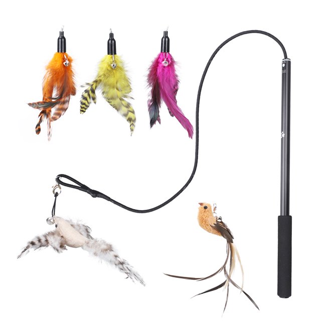 Amdohai Interactive Cat Feather Toys Retractable Cat Charmer Wand and 5PCS Teaser Refills