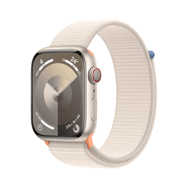 Apple Watch Series 9 GPS + Cellular 45mm Starlight Aluminium Case with Starlight Sport Loop showing a silver aluminum case with red digital crown and light beige woven sport loop band, displaying a circular watch face with weather, UV index, and activity rings, suitable for wearable technology and smart watch users.
