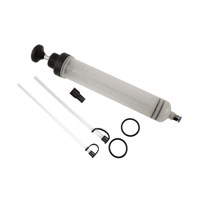 Car Oil Fluid Extractor Siphon Pump Brake Fluid Syringe Pump Auto Manual Suction Vacuum Fuel Hand Pump 500Ml. Transparent body with measurement markings, dual rubber pads to prevent leakage, and a 500cc capacity. Includes two hoses, grommets, and additional parts for extracting and injecting fluids like brake fluid, engine oil, and transmission fluid. Ideal for use in garage equipment and fuel transfer applications.