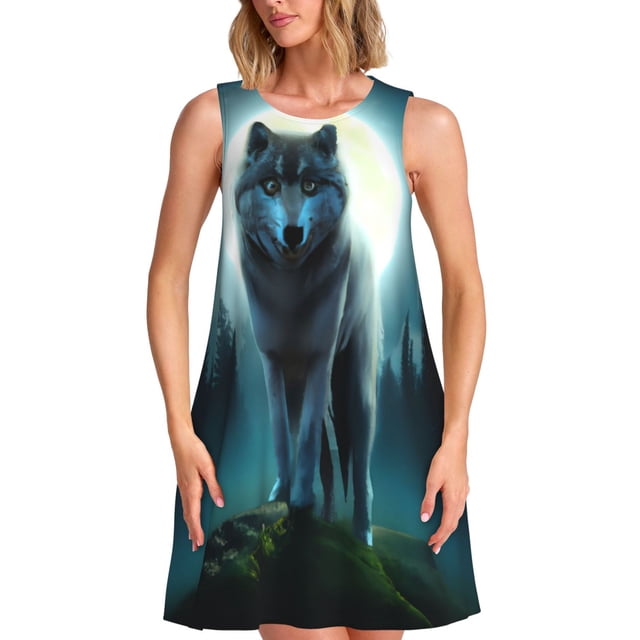 Vsdgher Robe d'Été à Imprimé Loup pour Femmes, Décontractée, Col en U, Robe de Plage Sans Manches, Débardeur Ample, Robe Soleil avec Poche