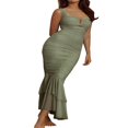 thumbnail image 3 of Women‘s Bodycon Dress Sleeveless Strappy Cut Out Ruched Mesh Ruffle Hem Fishtail Mermaid Maxi Dresses, 3 of 9