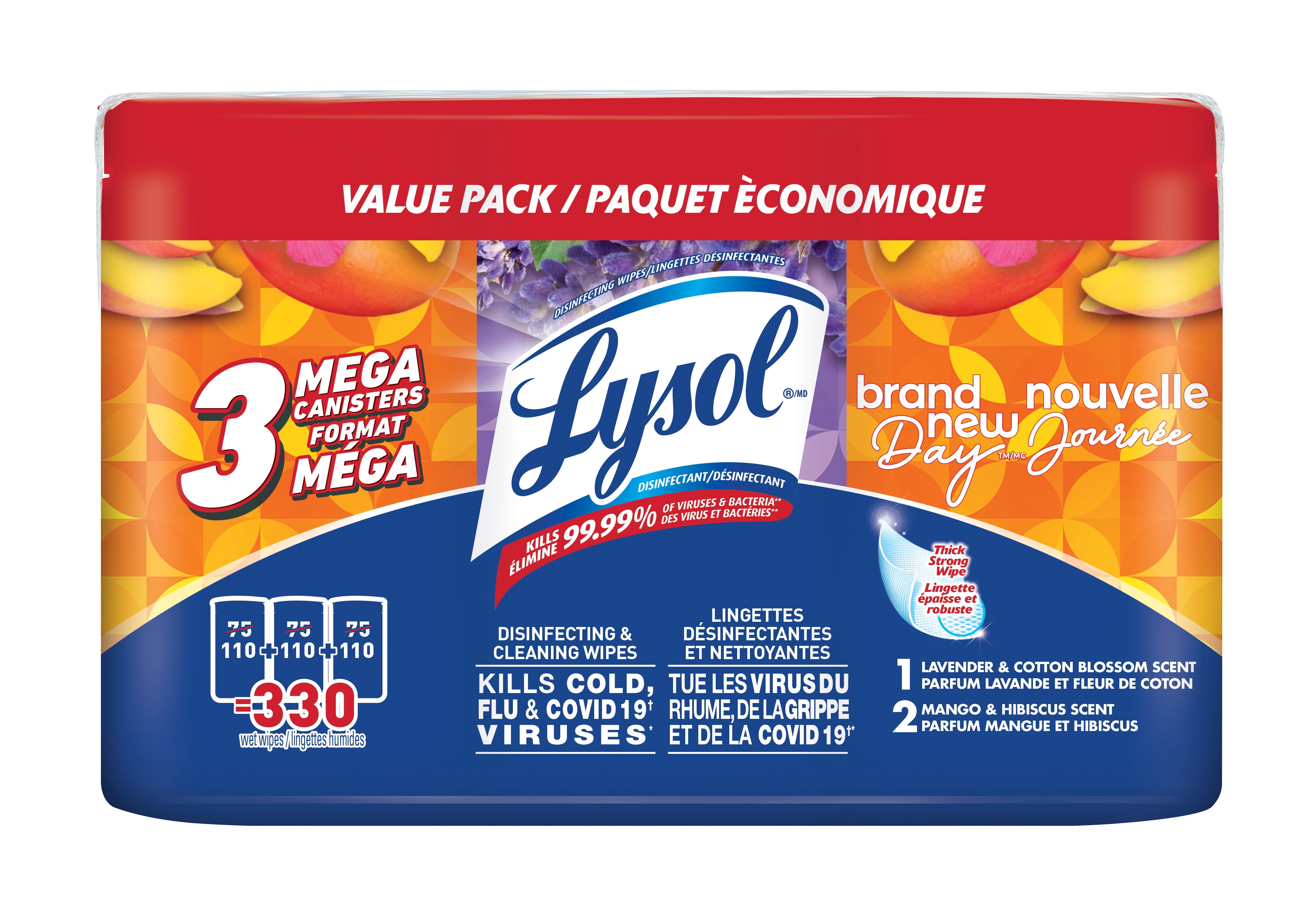 Lingettes désinfectantes Lysol® - Brand New Day™ 2 sachets Mangue et Hibiscus + 1 sachet Lavande et Fleur de Coton 2 paquets