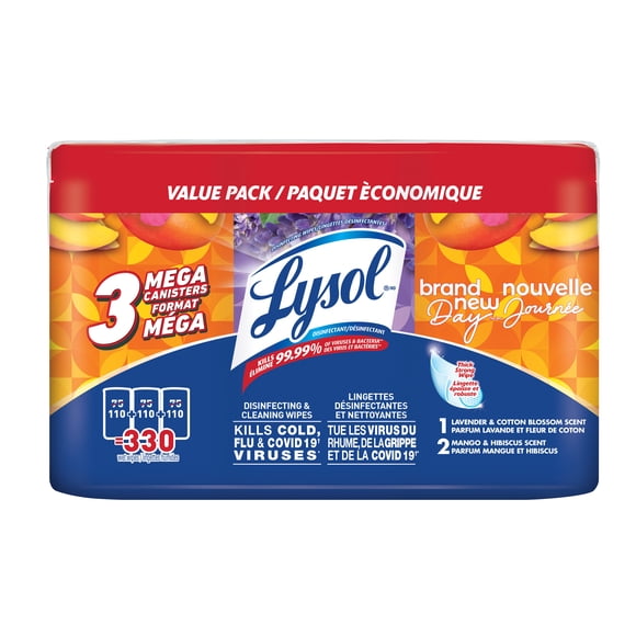 Lingettes désinfectantes Lysol® - Brand New Day™ 2 sachets Mangue et Hibiscus + 1 sachet Lavande et Fleur de Coton 2 paquets