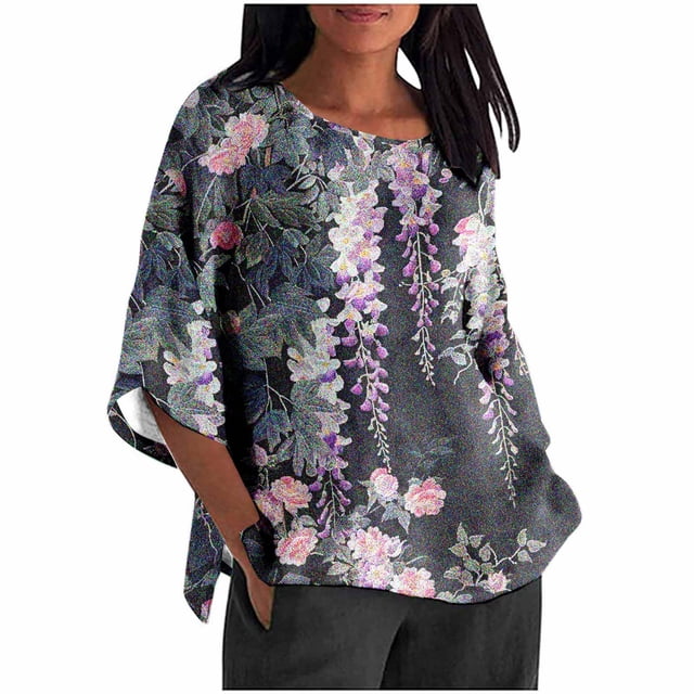 Hauts de Printemps pour Femmes Dames Mode Décontractée Court Manches 3/4 Imprimé Chemise Ample Blouse Haut Blouse Décontractée